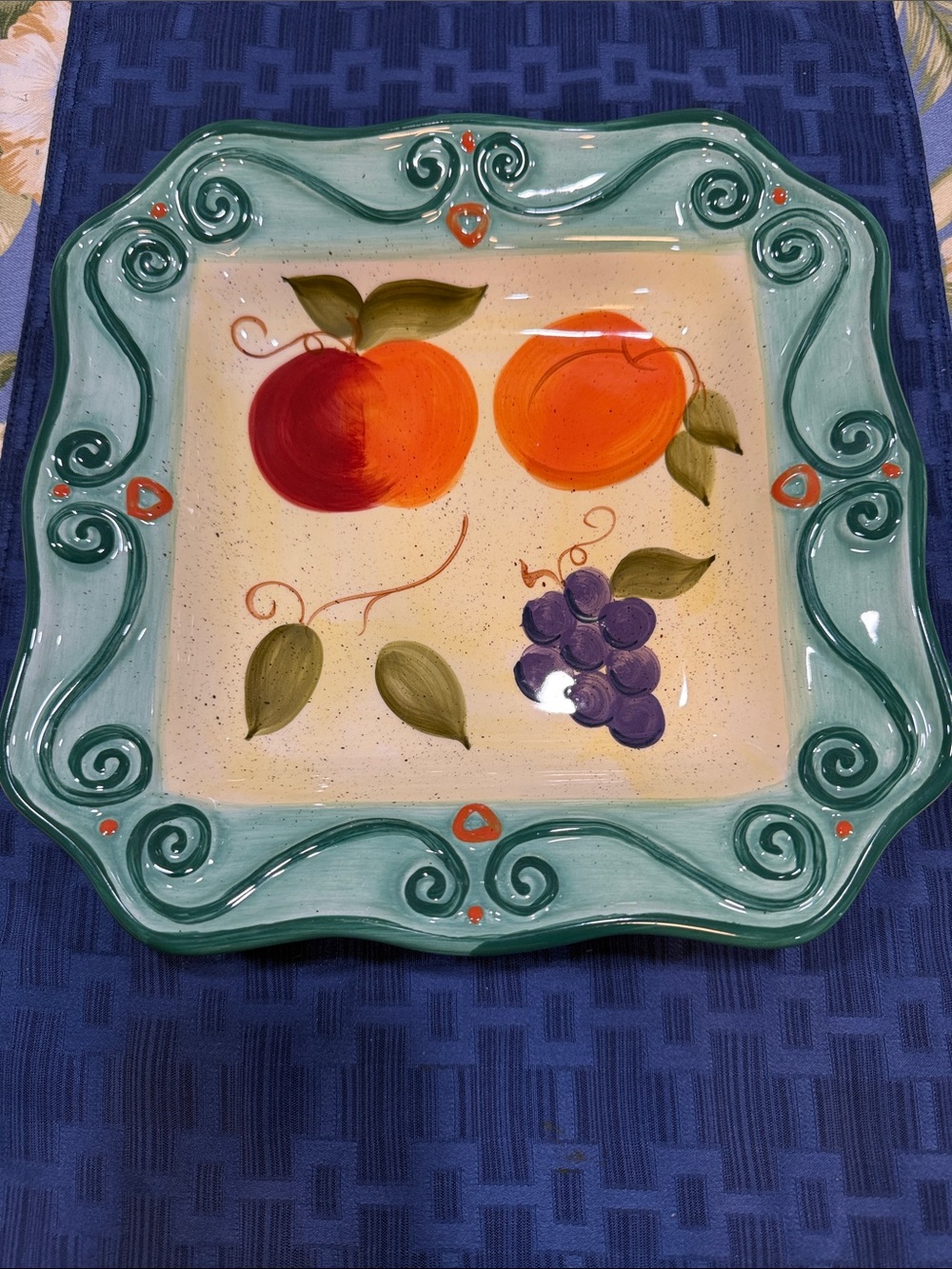 Hand-Painted Ceramic Serving Platter - Teal Border with Orange & Purple Fruit
